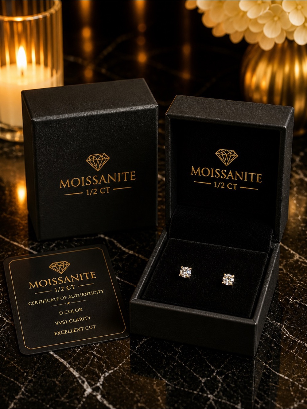 Moissanite 1/2 CT Screw Back Stud Earrings in Black Gift Box - White Sparkle